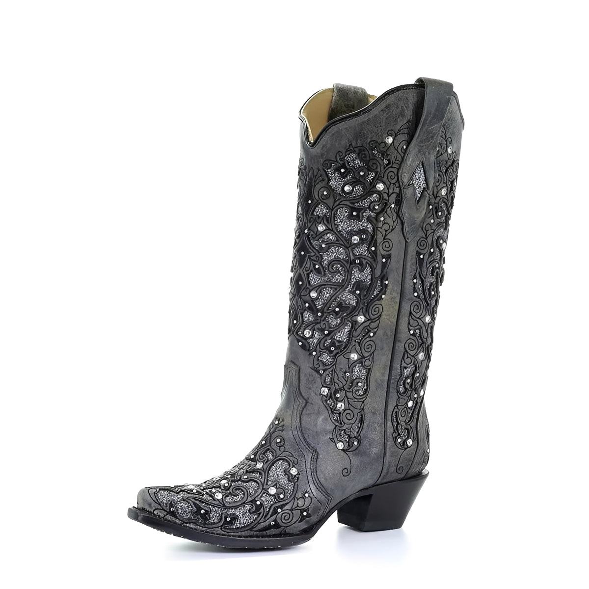 Embroidered Knee High Boots with Sequin Detail and Pointed Toe