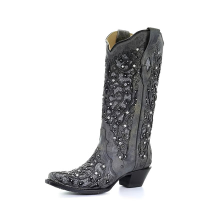 Embroidered Knee High Boots with Sequin Detail and Pointed Toe