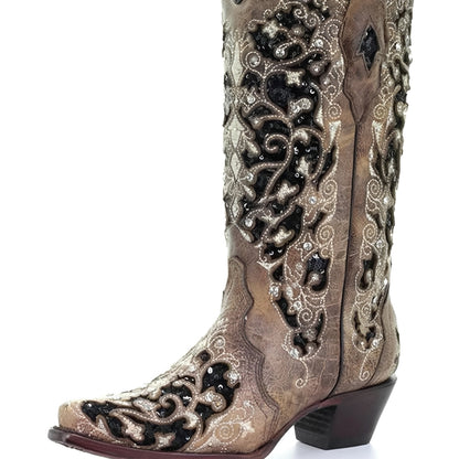 Embroidered Knee High Boots with Sequin Detail and Pointed Toe