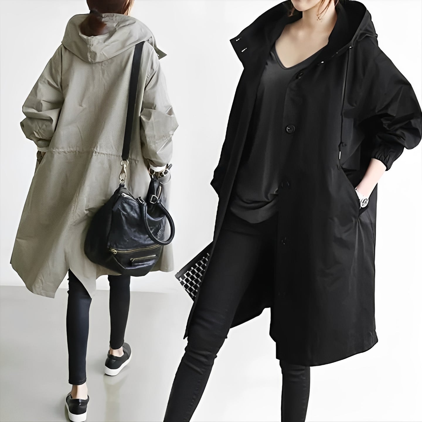 Women’s Long Hooded Raincoat, Waterproof Coat with Adjustable Waist Belt