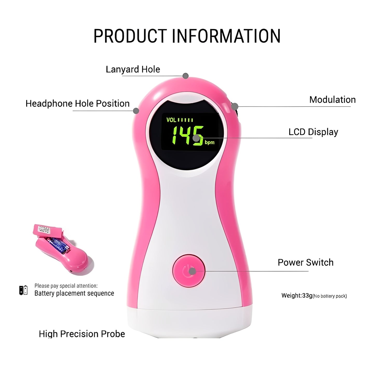 Handheld Pregnancy Listening Device with LCD Display and Headphone Output