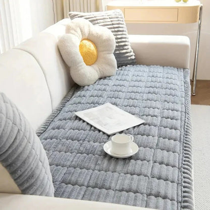 Plush Sofa Slipcover with Pleated Skirt Design
