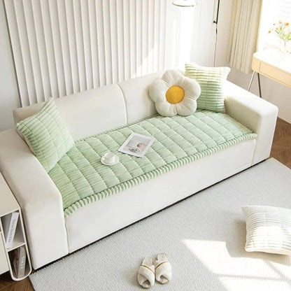Plush Sofa Slipcover with Pleated Skirt Design