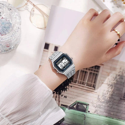 Vintage Style Unisex Digital Watch with Stainless Steel Band and LED Display