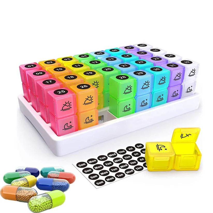 31 Day AM/PM Pill Organizer with Large Storage Case and Label Stickers for Daily Medication