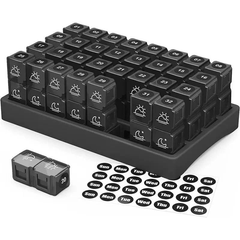 31 Day AM/PM Pill Organizer with Large Storage Case and Label Stickers for Daily Medication