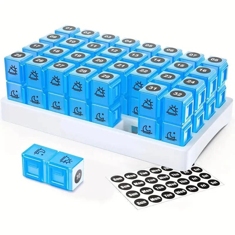 31 Day AM/PM Pill Organizer with Large Storage Case and Label Stickers for Daily Medication