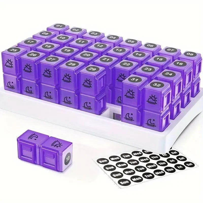 31 Day AM/PM Pill Organizer with Large Storage Case and Label Stickers for Daily Medication