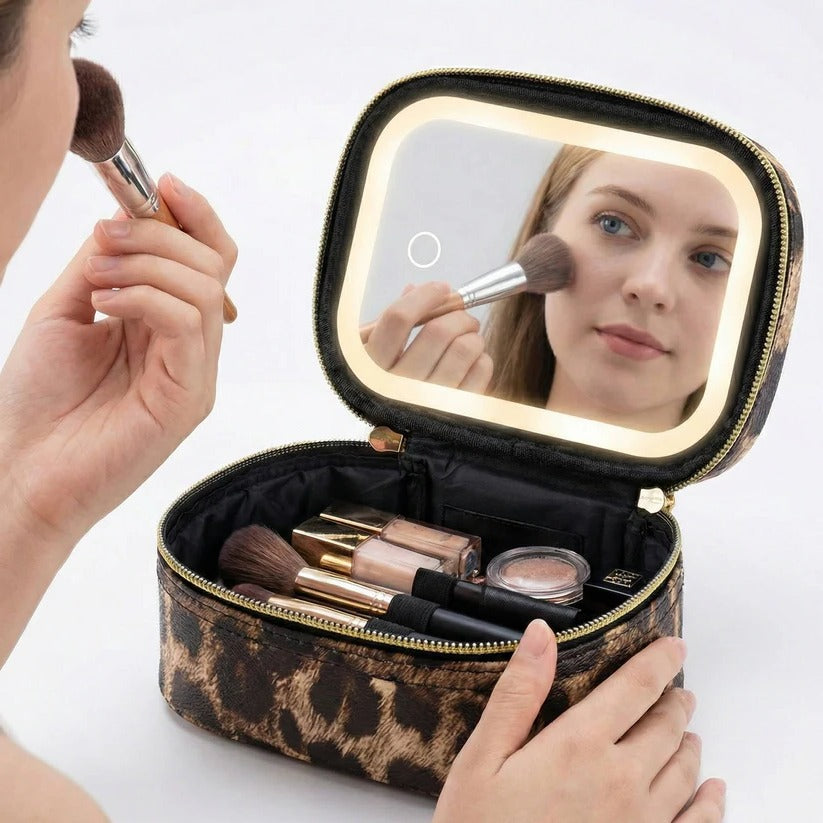 Portable Travel Cosmetic Case with Adjustable LED Mirror and Organizer