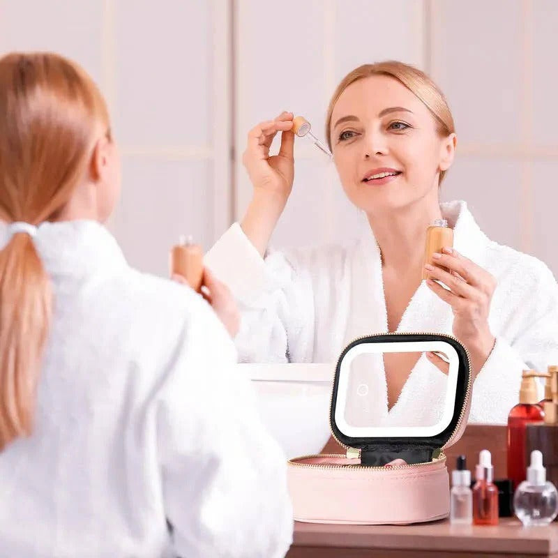 Portable Travel Cosmetic Case with Adjustable LED Mirror and Organizer