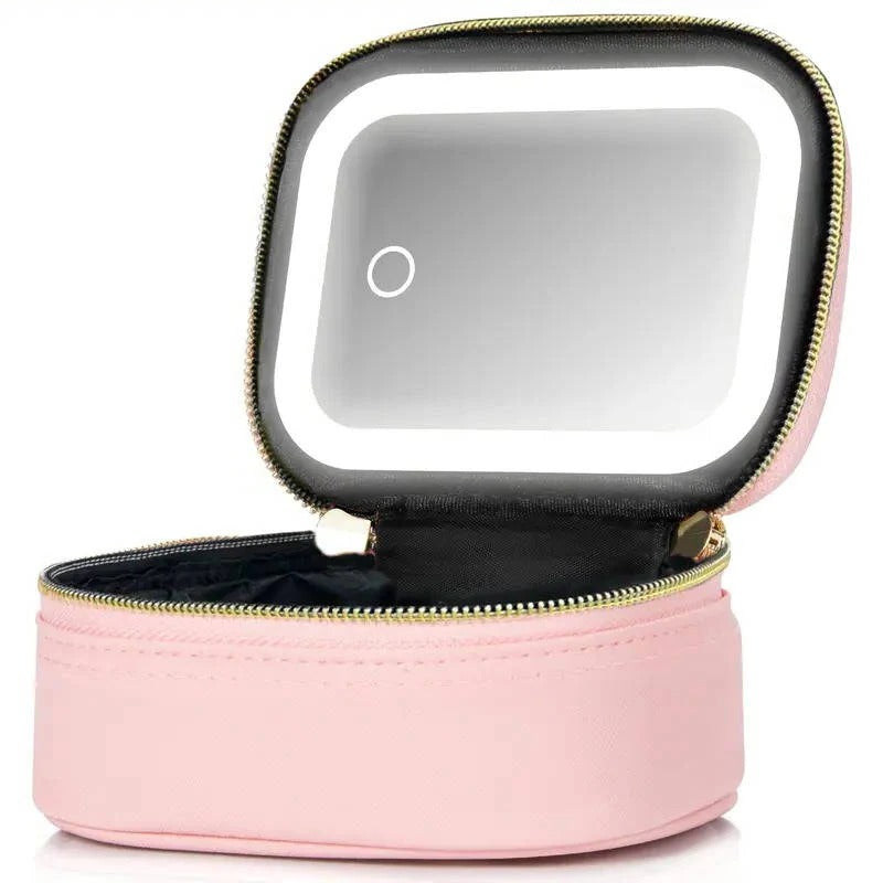 Portable Travel Cosmetic Case with Adjustable LED Mirror and Organizer