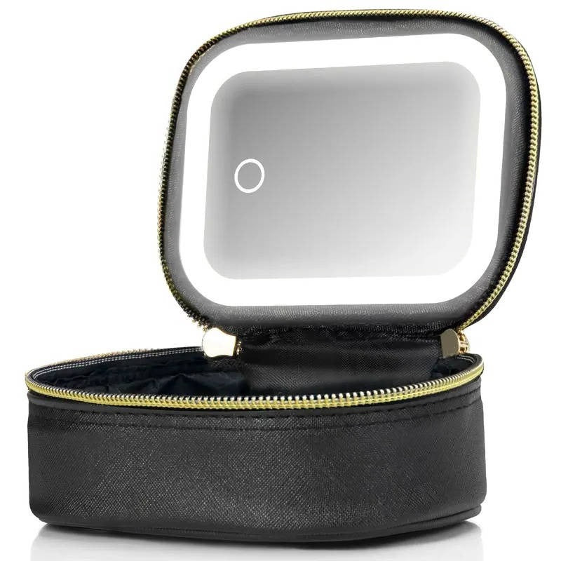 Portable Travel Cosmetic Case with Adjustable LED Mirror and Organizer