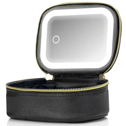 Portable Travel Cosmetic Case with Adjustable LED Mirror and Organizer