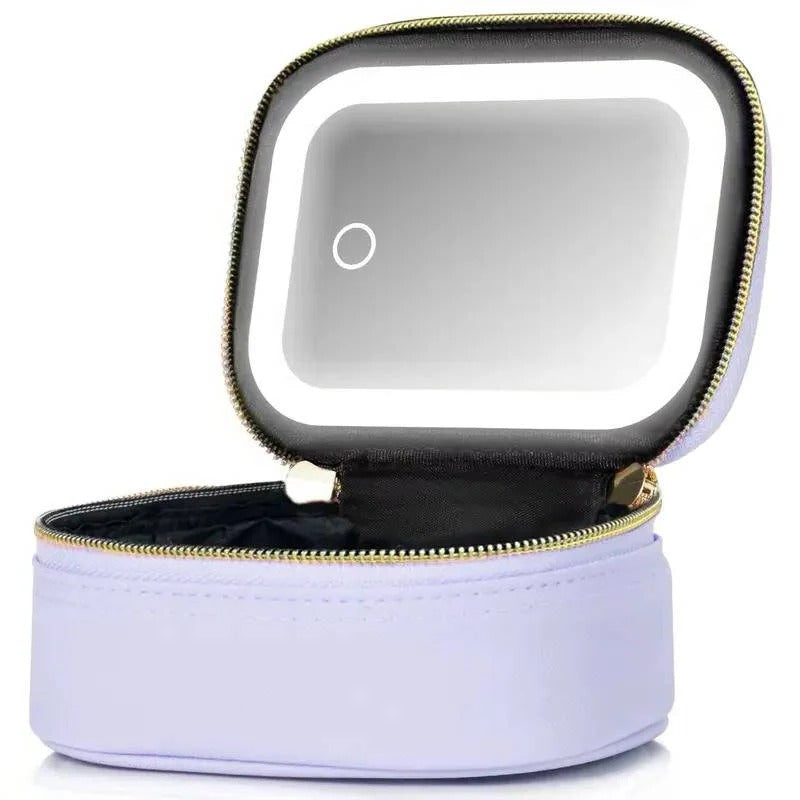 Portable Travel Cosmetic Case with Adjustable LED Mirror and Organizer