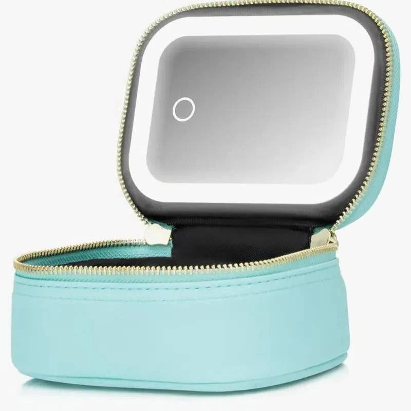 Portable Travel Cosmetic Case with Adjustable LED Mirror and Organizer