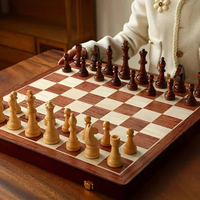 Folding Walnut Wood Chess Set with Weighted Pieces and Storage