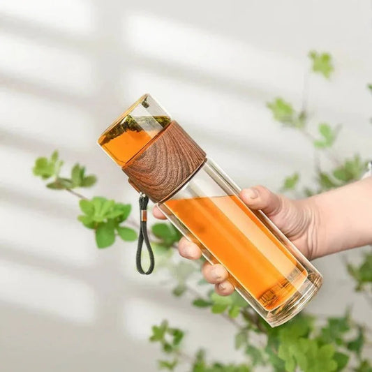 Portable Glass Water Bottle with Tea Filter and Insulated Sleeve