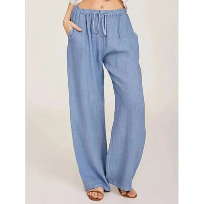 Women's Wide Leg Linen Blend Pants with Elastic Waist and Pockets