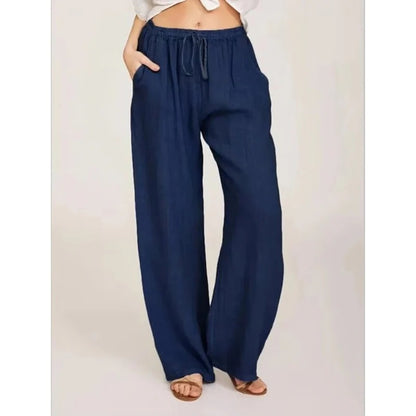 Women's Wide Leg Linen Blend Pants with Elastic Waist and Pockets