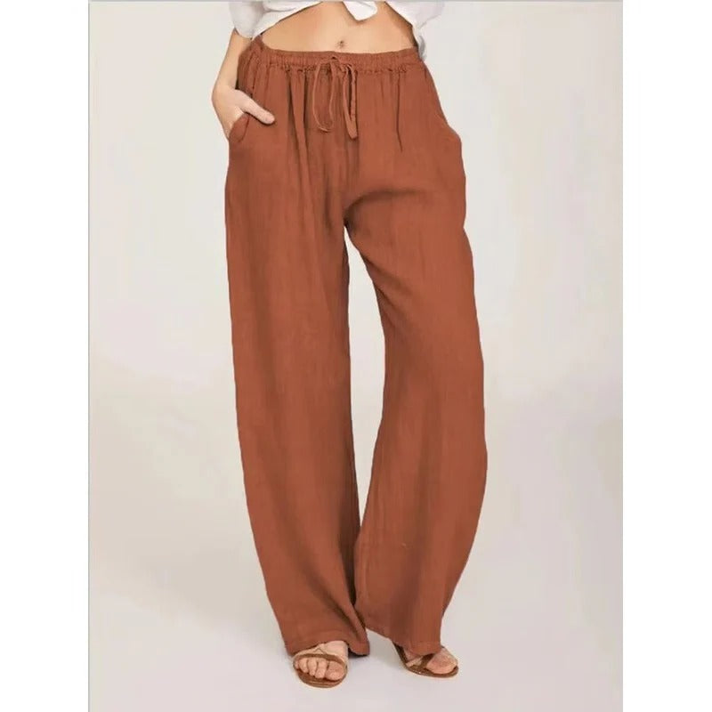 Women's Wide Leg Linen Blend Pants with Elastic Waist and Pockets