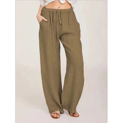 Women's Wide Leg Linen Blend Pants with Elastic Waist and Pockets