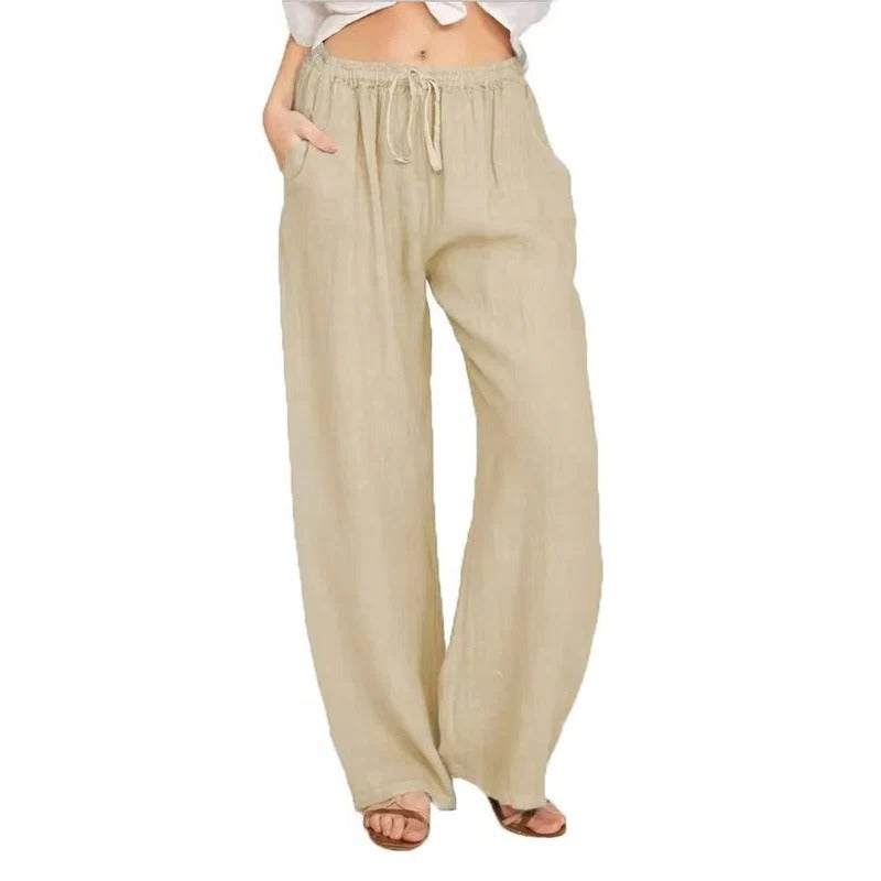 Women's Wide Leg Linen Blend Pants with Elastic Waist and Pockets
