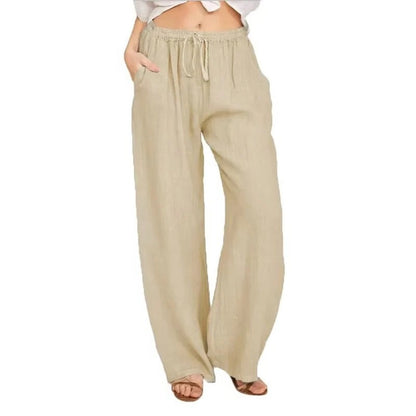 Women's Wide Leg Linen Blend Pants with Elastic Waist and Pockets