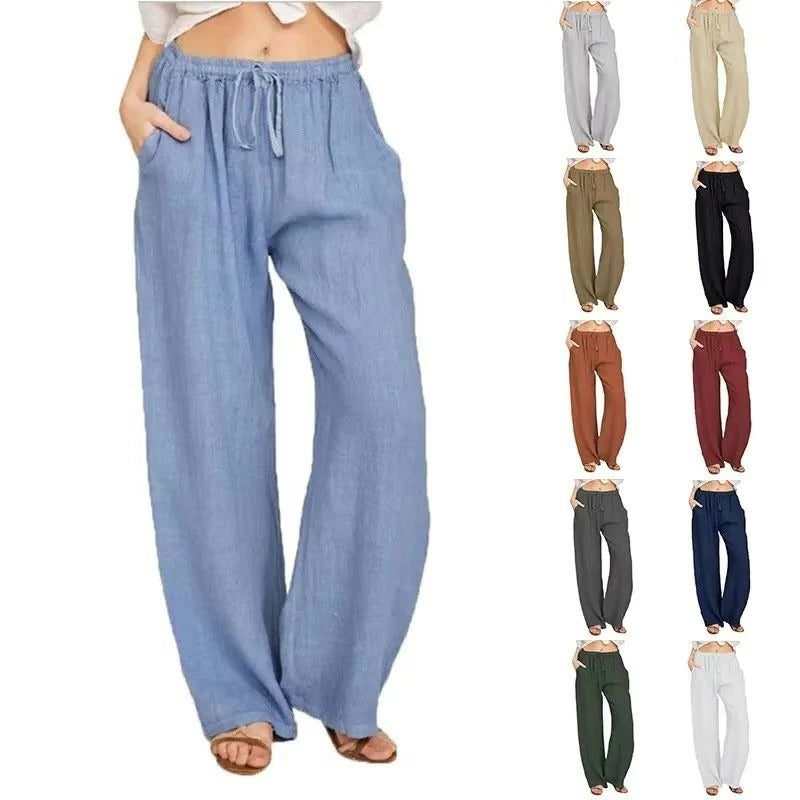 Women's Wide Leg Linen Blend Pants with Elastic Waist and Pockets
