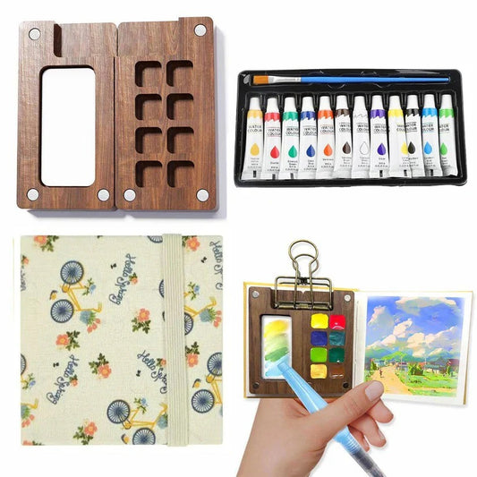 Portable Travel Watercolor Set with Mini Palette, Paint Brush and Sketchbook