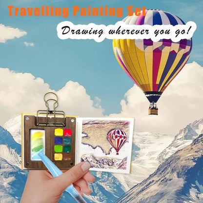 Portable Travel Watercolor Set with Mini Palette, Paint Brush and Sketchbook