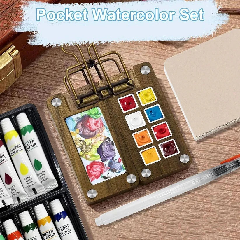 Portable Travel Watercolor Set with Mini Palette, Paint Brush and Sketchbook