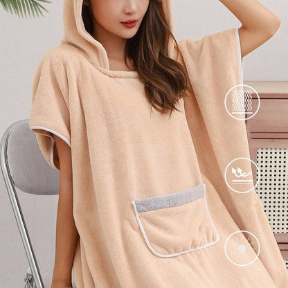 Plush Terry Cloth Hooded Bath Wrap with Deep Hood and Waist Tie for Post Shower Drying