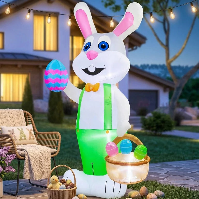 Inflatable Easter Rabbit with LED Lights and Egg Basket for Outdoor Decor, 8 Ft