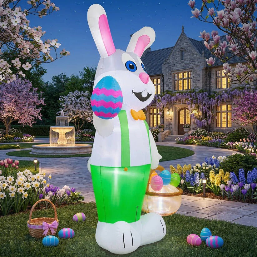 Inflatable Easter Rabbit with LED Lights and Egg Basket for Outdoor Decor, 8 Ft