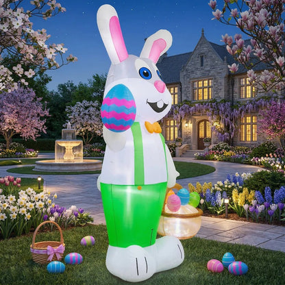 Inflatable Easter Rabbit with LED Lights and Egg Basket for Outdoor Decor, 8 Ft