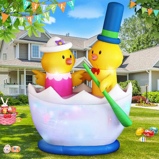 Easter Inflatable Yard Decor with 2 Chicks Boat and LED Lights, 6 Ft