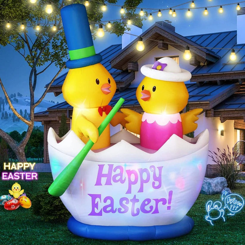 Easter Inflatable Yard Decor with 2 Chicks Boat and LED Lights, 6 Ft