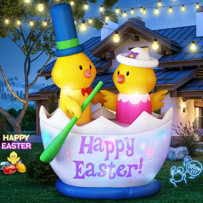Easter Inflatable Yard Decor with 2 Chicks Boat and LED Lights, 6 Ft