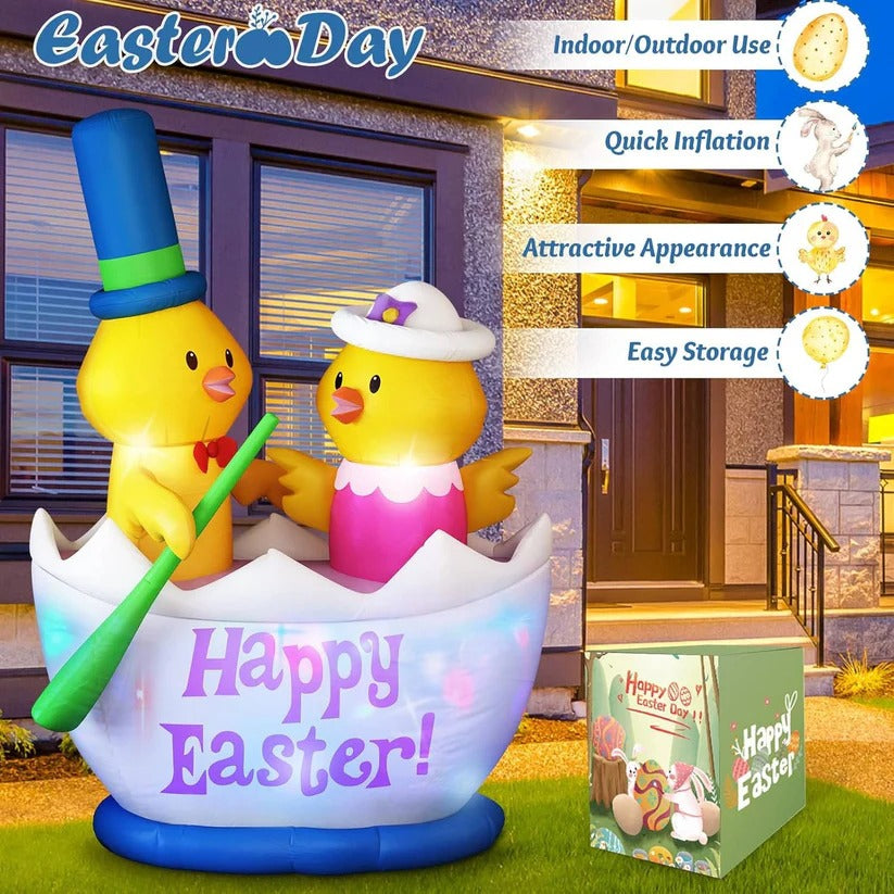 Easter Inflatable Yard Decor with 2 Chicks Boat and LED Lights, 6 Ft