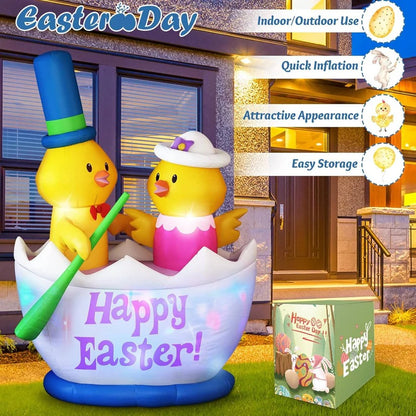 Easter Inflatable Yard Decor with 2 Chicks Boat and LED Lights, 6 Ft