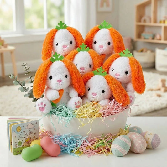 Soft Stuffed Easter Bunny Plush with Carrot Ear Design for Kids Basket Gifts, 6 Pack