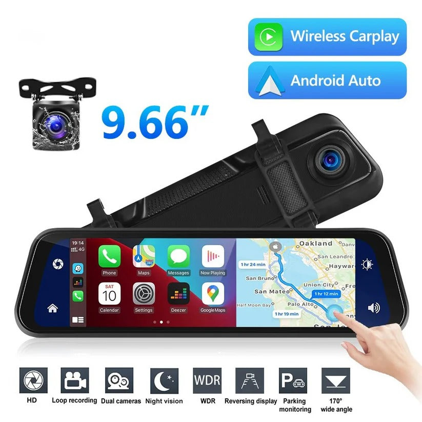 Dual Camera Rearview Mirror Dash Cam with GPS and 9.66 Inch Touch Display