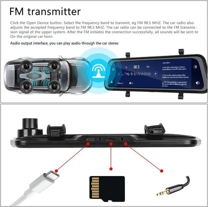 Dual Camera Rearview Mirror Dash Cam with GPS and 9.66 Inch Touch Display