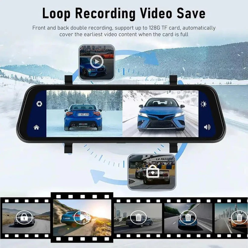 Dual Camera Rearview Mirror Dash Cam with GPS and 9.66 Inch Touch Display