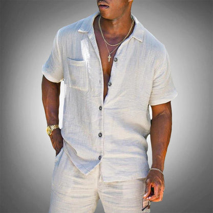 Mens Linen Two Piece Shirt and Pants Set for Casual Summer Wear