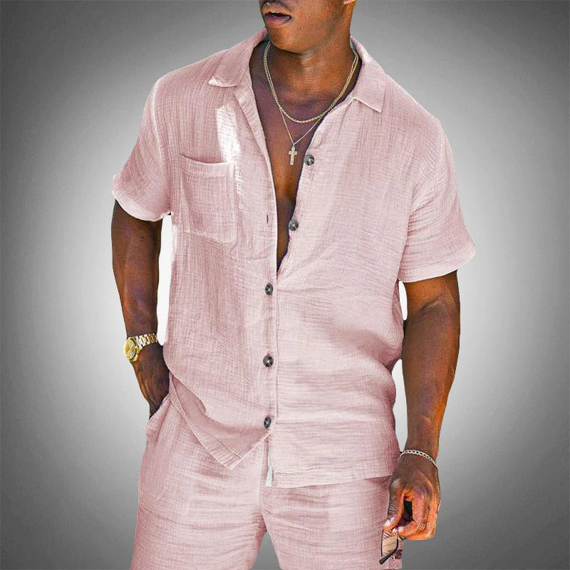 Mens Linen Two Piece Shirt and Pants Set for Casual Summer Wear