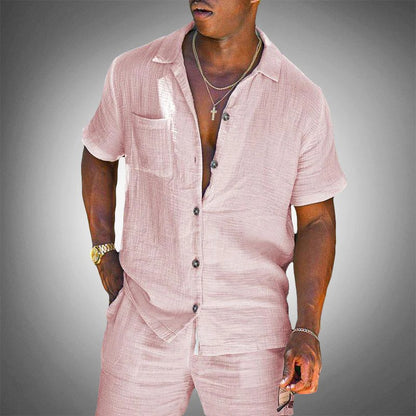 Mens Linen Two Piece Shirt and Pants Set for Casual Summer Wear