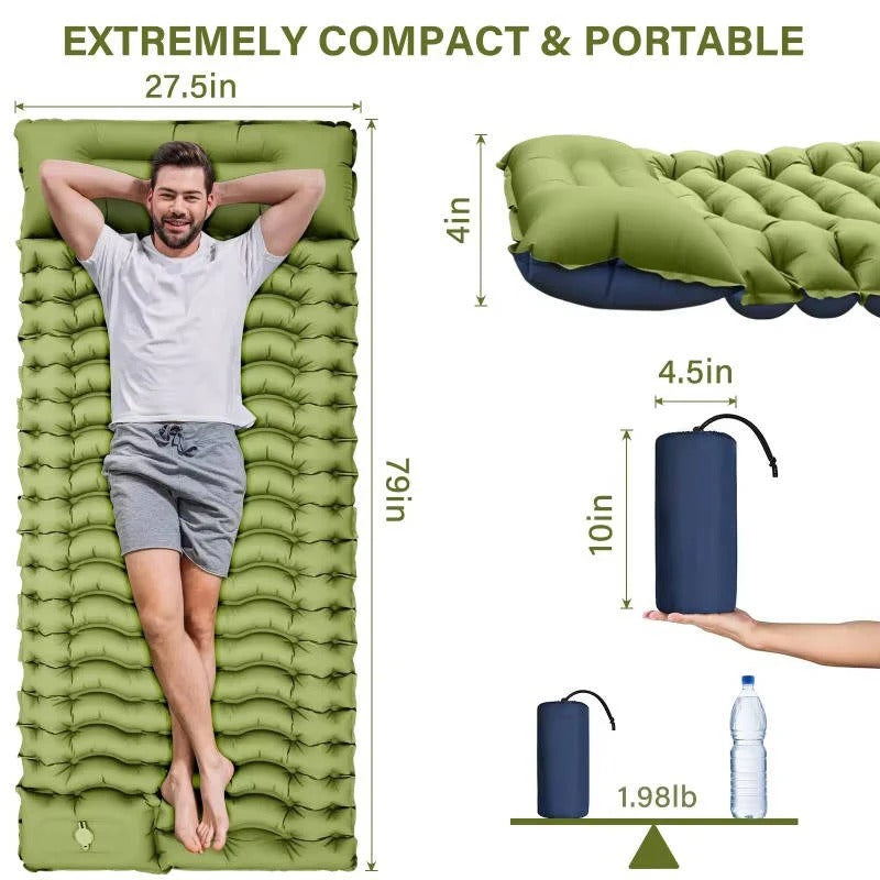 Lightweight Inflatable Camp Sleeping Mat with Integrated Pillow for Outdoor Use
