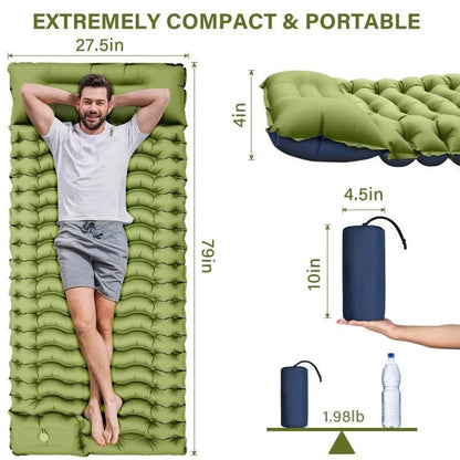 Lightweight Inflatable Camp Sleeping Mat with Integrated Pillow for Outdoor Use