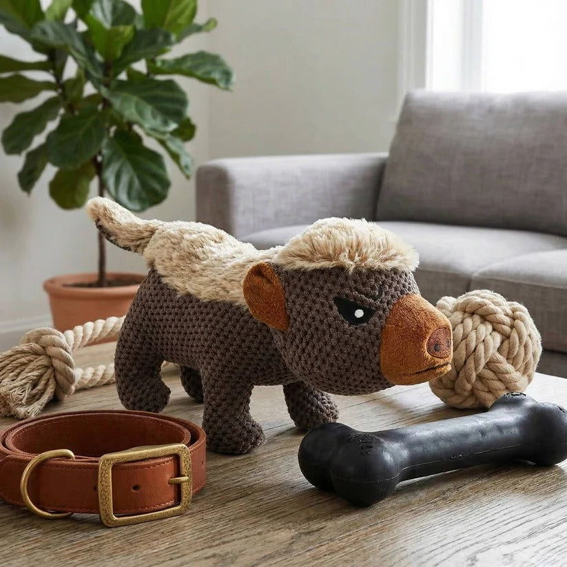 Honey Badger Plush Dog Toy with Squeaker and Reinforced Stitching for Tough Chewers